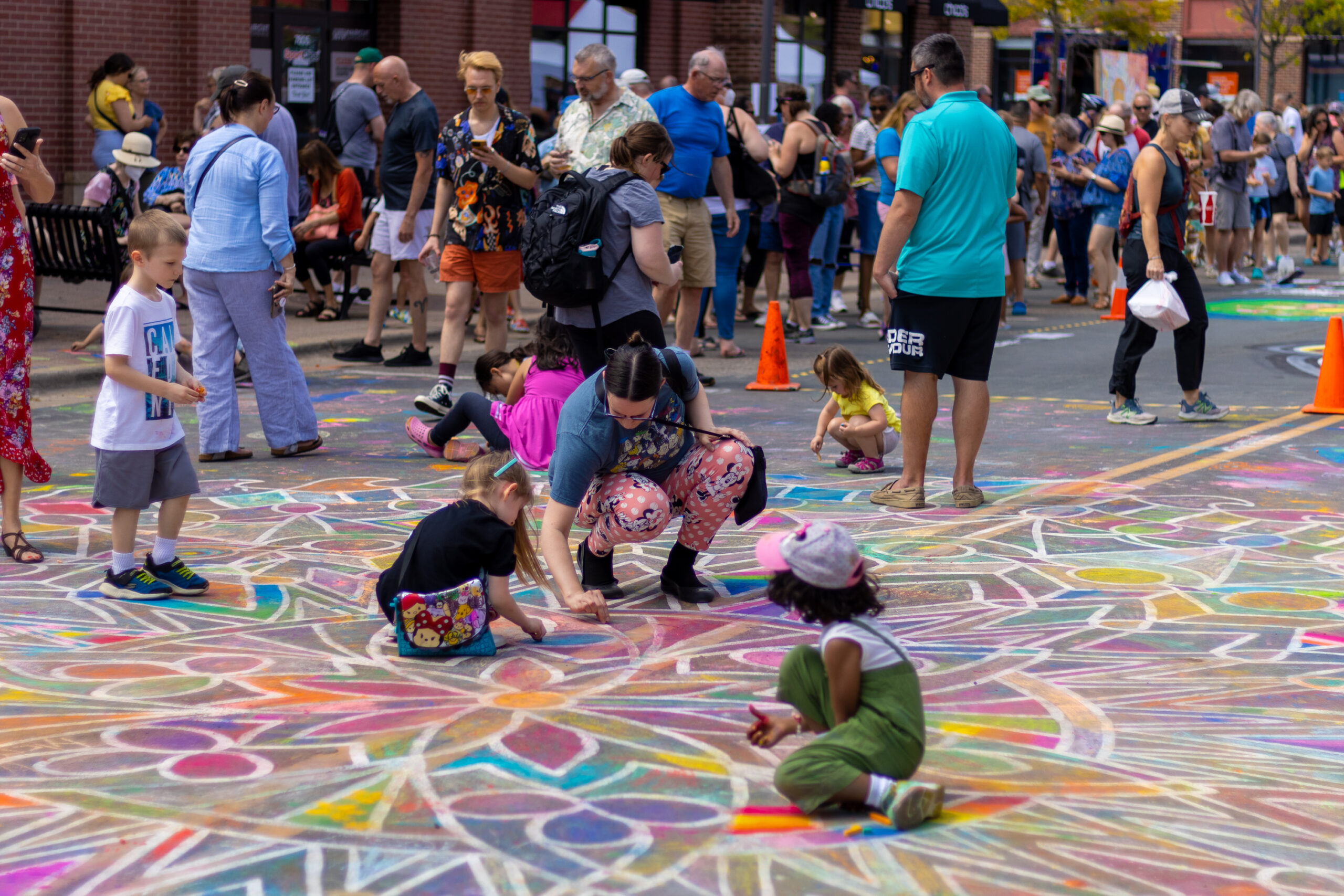 This is one of the many fun Mandalas that have been created to allow the public to join in and chalk.