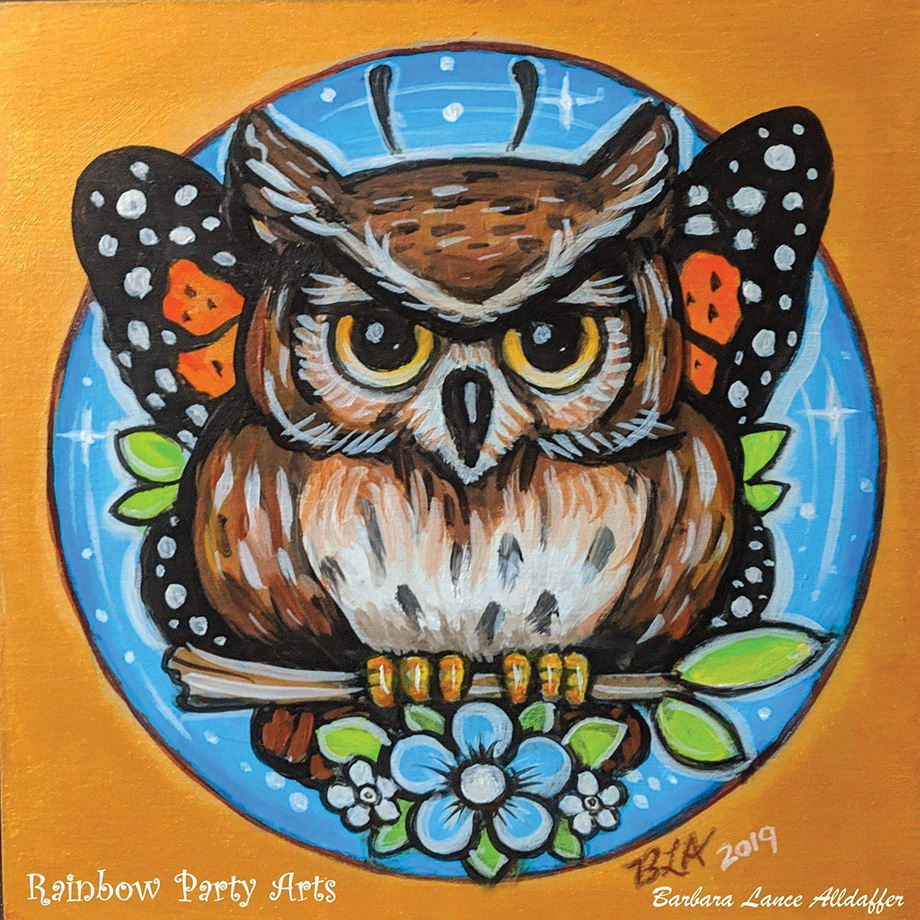 Rainbow Party Arts painting of an owl with butterfly wings.