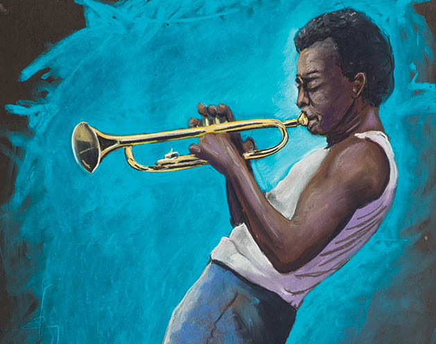 A chalk illustration of Miles Davis by artist Shawn McCann