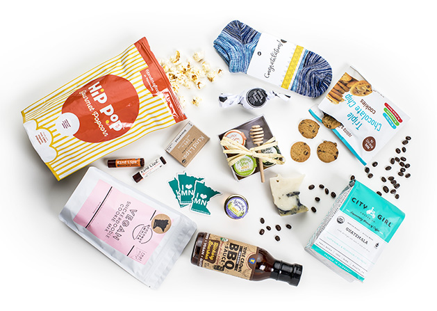 A collection of items from local brands which MN Brands for Good offers for fundraisers, including items from Triple Crown BBQ, Hip Pop Gourmet Popcorn, City Girl Coffee and more