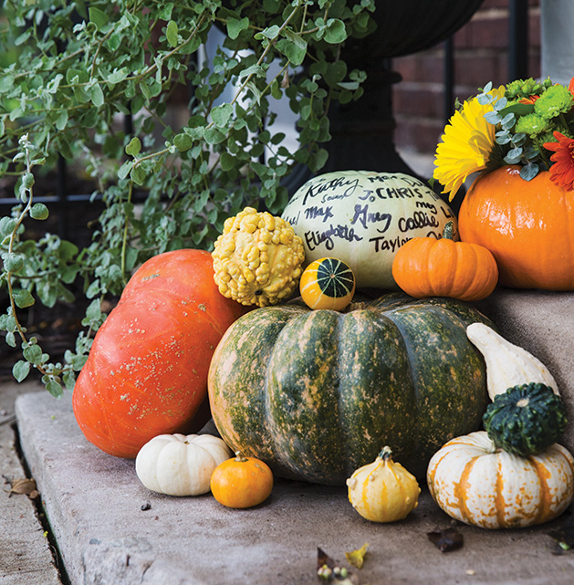 A pile of pumpkins sits on a front step.