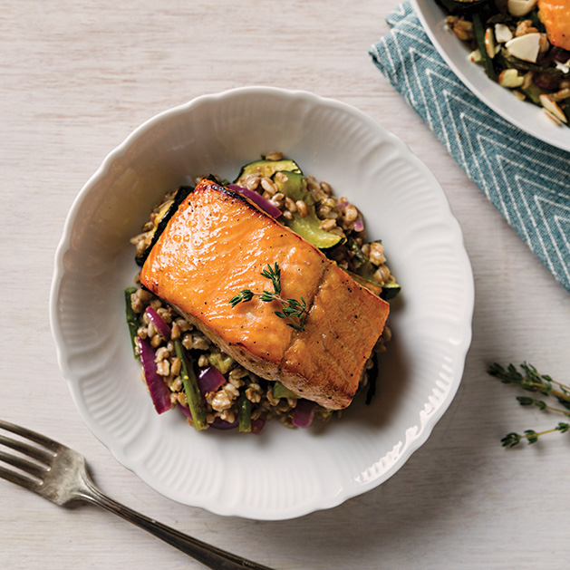 Home cooked recipe for lemon-glazed salmon with farro
