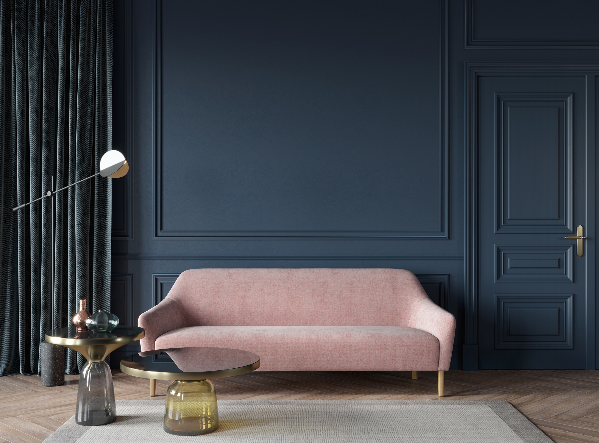 Stylish living room interior in dark blue with a pink sofa, glass tables and a golden floor lamp. Mid century modern style / 3D illustration, 3d render