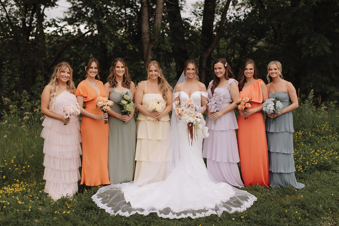 Mono blooms are trending in bridal florals, with each bridesmaid’s bouquet composed of one type of flower and the bride’s bouquet incorporating each of those various blooms.