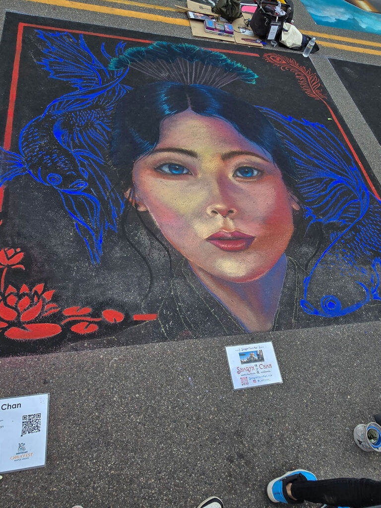 Chalkfest Maple Grove Portrait of a Woman with Koi Fish Mural