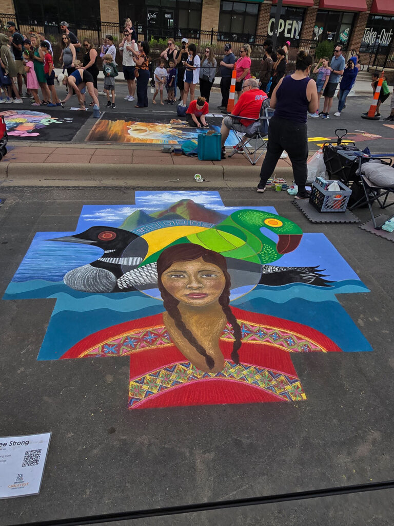 Chalkfest Maple Grove Native American Woman Portrait with Loon Mural