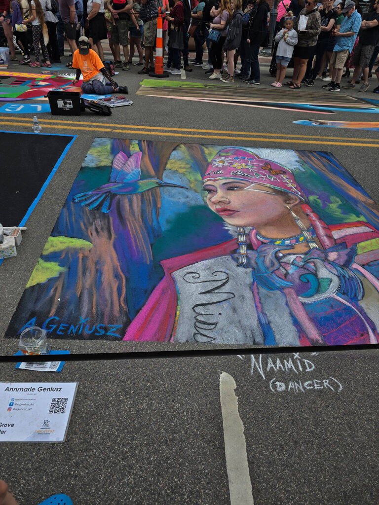 Chalkfest Maple Grove Native American Woman Dancer and Hummingbird Mural