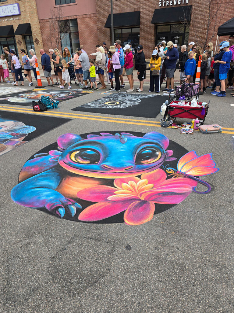 Chalkfest Maple Grove Cartoon Dragon with Flower Mural