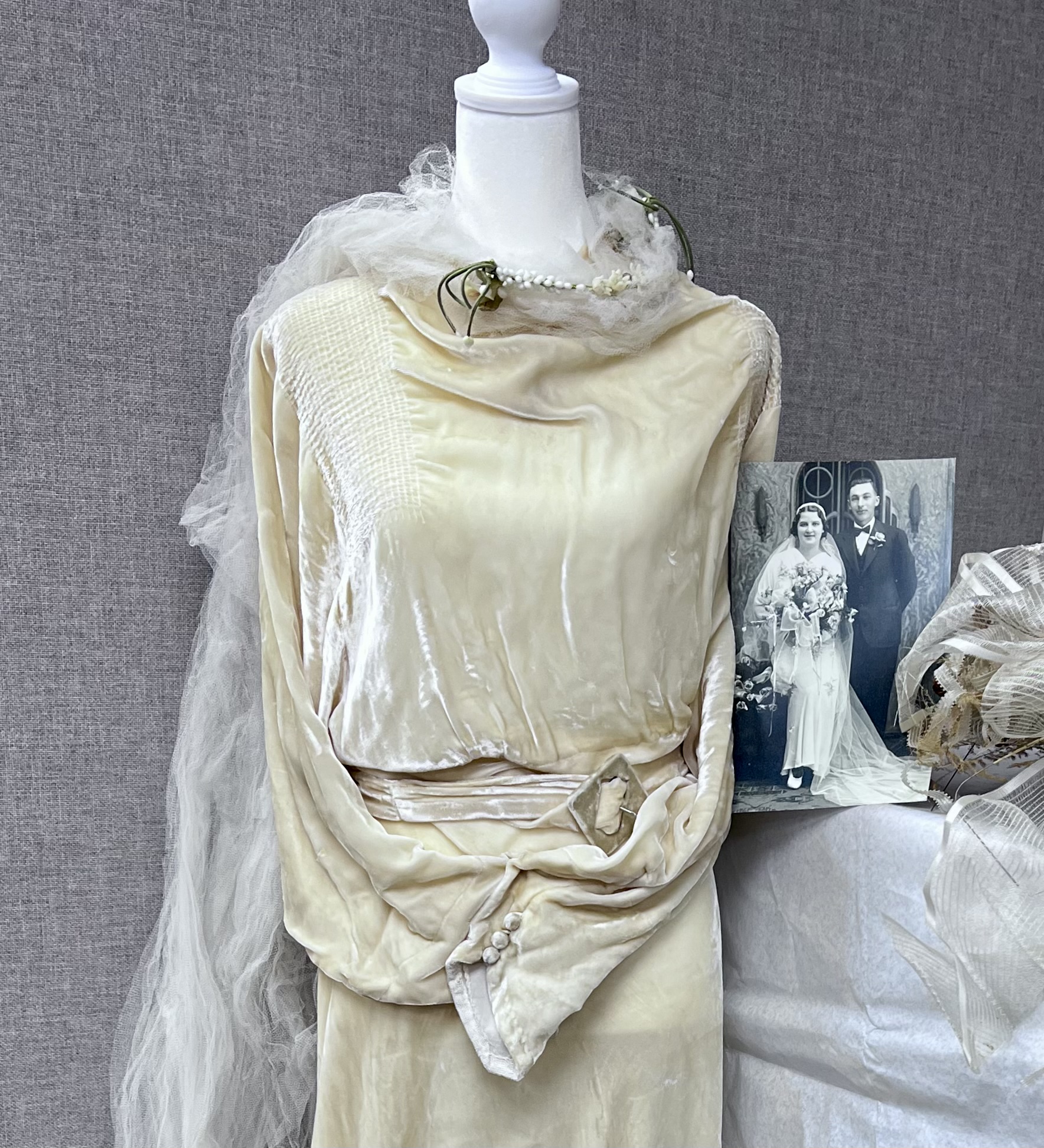 Antique wedding dress in the Maple Grove Historical Preservation Society collections