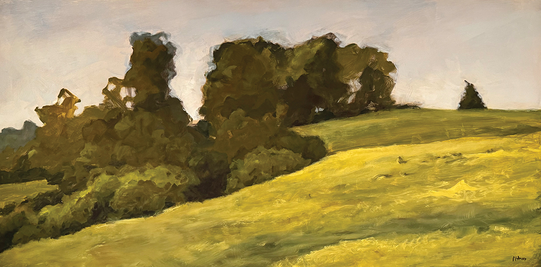 Dan McAvey painted this pastoral landscape by referencing photos he took during an outing with the Outdoor Painters of Minnesota. “It was a stormy day, but the rain let up for a few moments, so the day wasn’t a total washout,” he says.A Pause, oil on panel, 24”x48”