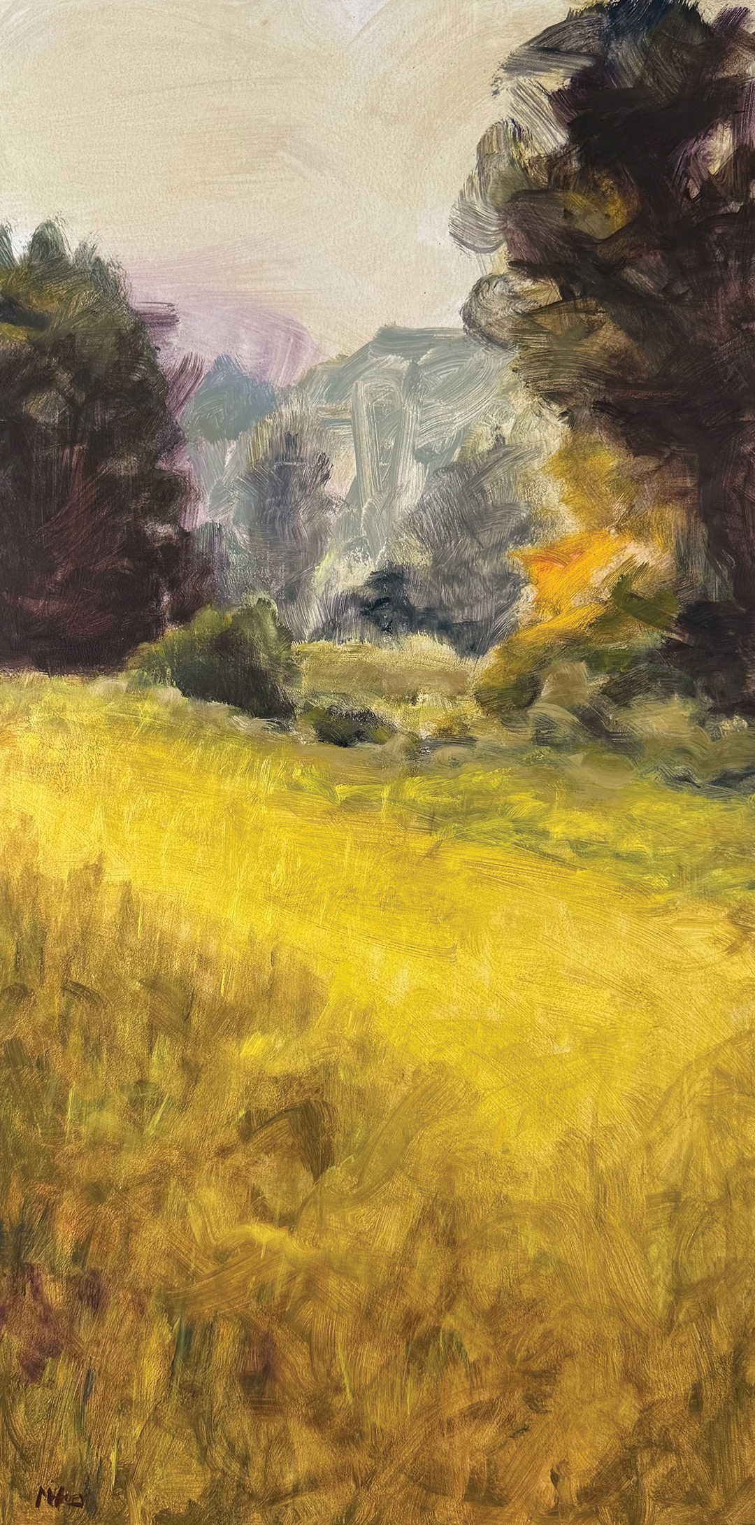 On one of the very smoky days this [past] summer, I biked into Elm Creek Park Reserve to paint in the prairie,” Dan McAvey says.Wildfire Smoke, Elm Creek Prairie, 
oil on panel, 24”x12”