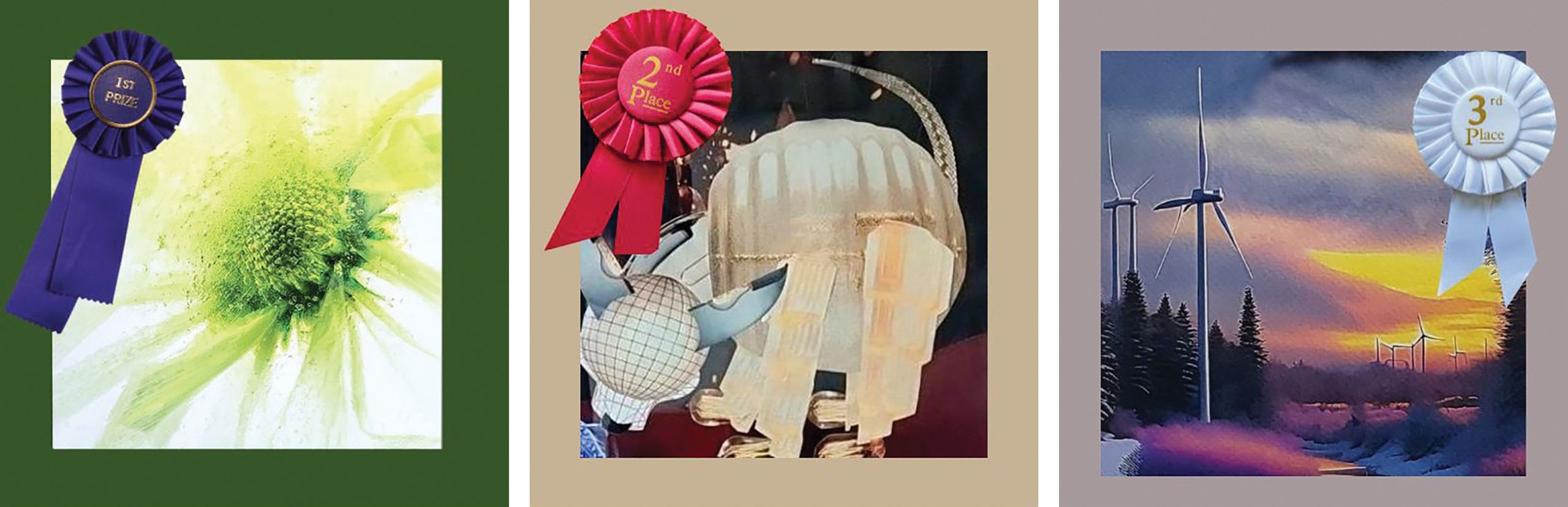 Left: First Place: The Queen of Green by Diana Pierce, photography; Middle: Second Place: Ice Fishing by Melissa Proulx, collage; Right: Third Place: Green Power Wind Energy by Barry Dyar, digital art