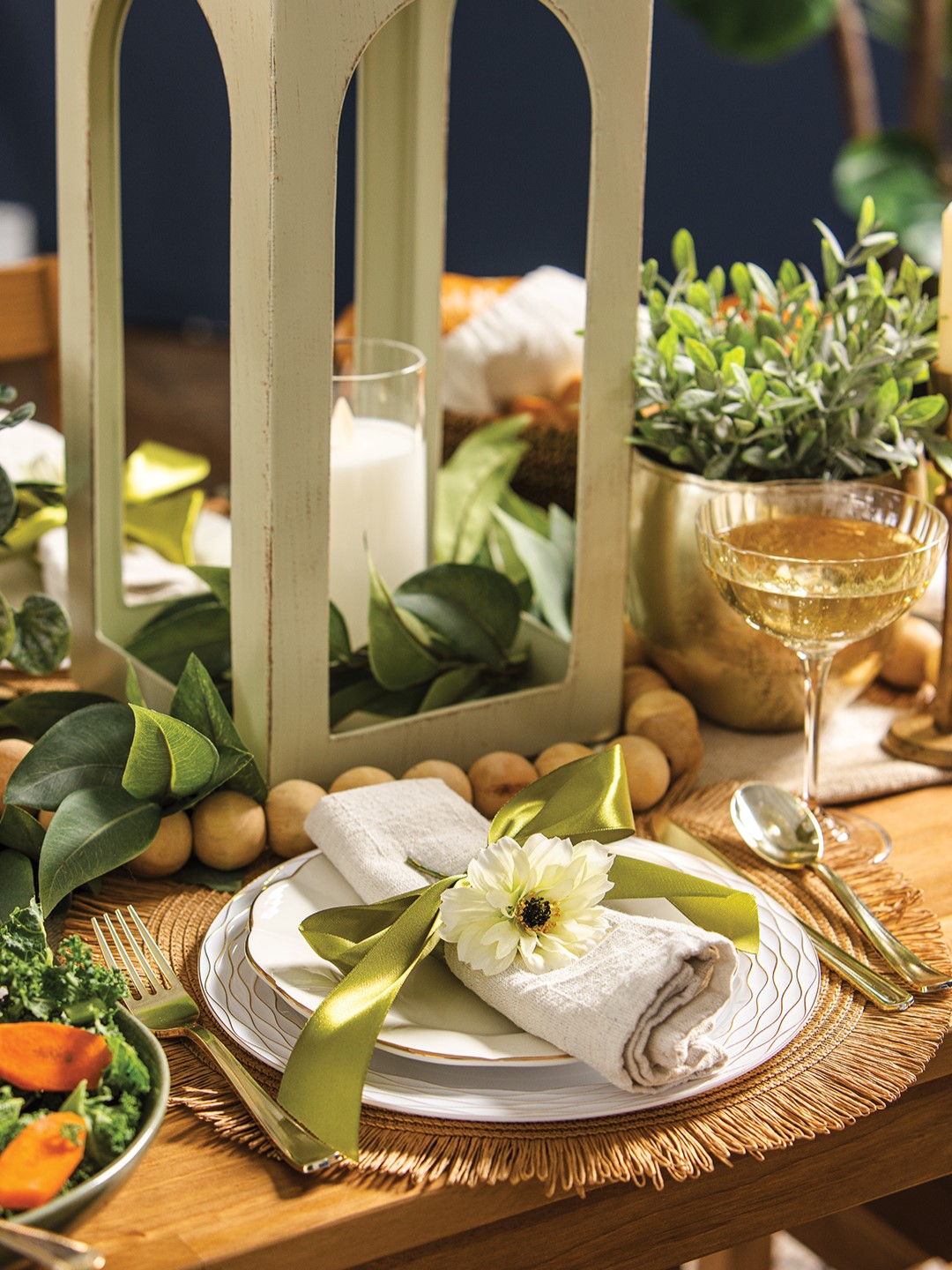 Mary Brueske sets the scene by layering natural textures such as woven fringe boho placemats, linen dinner napkins and a jute table runner (page 16), accented by a tassled strand of wood beads.